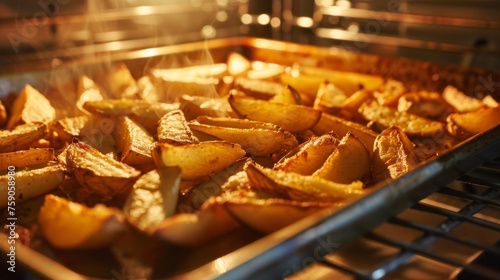 Sizzling hot golden potato wedges bake to perfection in the oven, enticing with their crispy, savory aroma photo