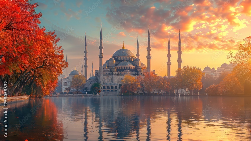 Obraz premium Serene Mosque Landscape Amidst Peacefulness