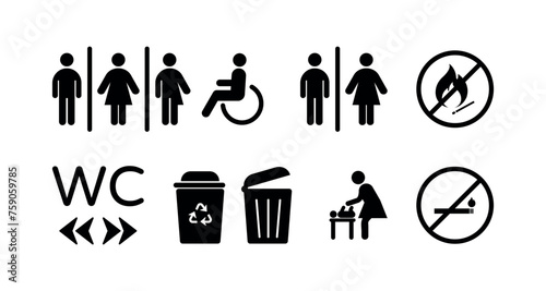All gender restroom signs set. Gender neutral toilet icons. Left and right arrows. No Smoking. Trash Can, rubbish bin. Vector flat pictogram collection for web, mobile app, office, mall, restaurant.