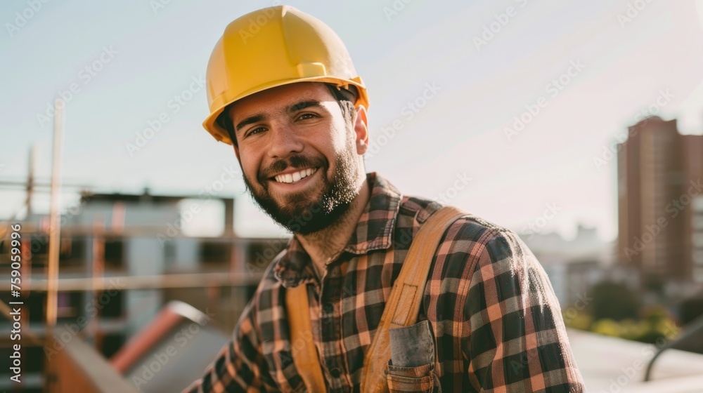Portrait of a smiling construction worker wearing a hard hat and flannel, representing professionalism in the industry Portrait of a smiling construction worker wearing a hard hat and flannel, representing professionalism in the industry
