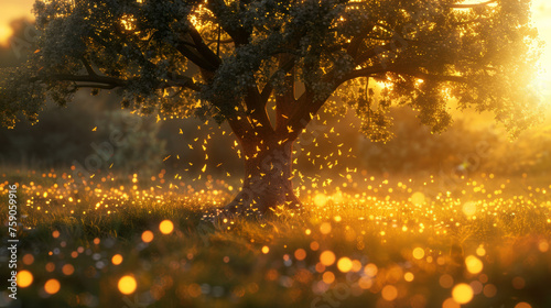 A captivating visual of a tree radiating with light amidst floating particles, capturing a magical sunset ambiance
