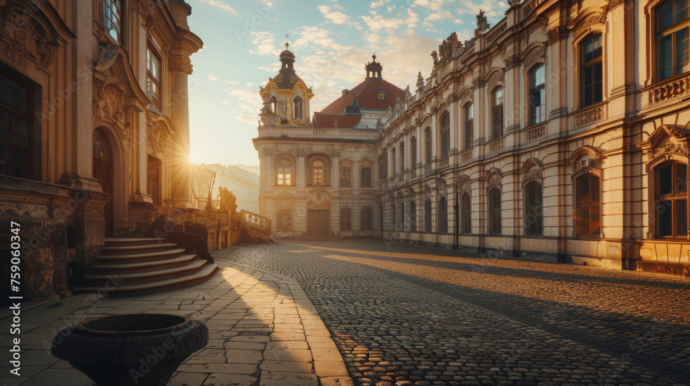 Historic European architecture glows in the golden hour, with the sunlight casting a warm and inviting atmosphere