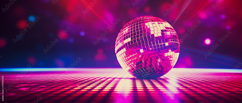 Obraz premium Retro disco ball on neon dance floor, party atmosphere.