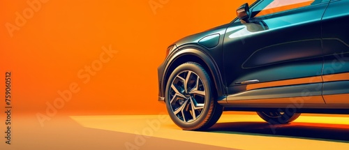 Side View of a modern dark blue SUV car Isolated on orange background. SUV automobile car concept in studio on orange background. Generative ai © Mickael