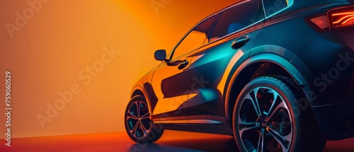 Side View of a modern dark blue SUV car Isolated on orange background. SUV automobile car concept in studio on orange background. Generative ai © Mickael