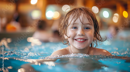 Smiling Young Girl Enjoying Swim Time in a Brightly Lit Indoor Pool - Perfect for Family Leisure Themes