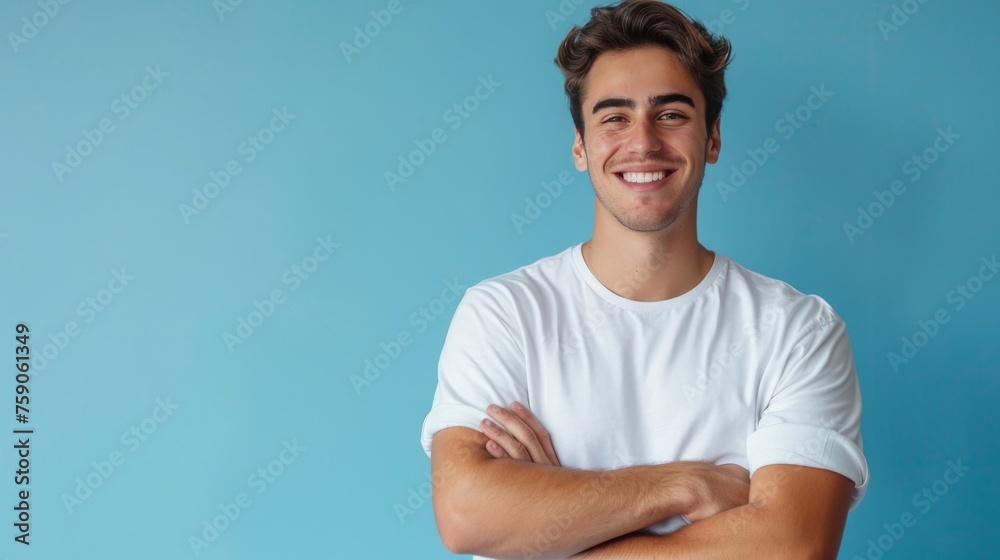 Confident Young Man with a White Shirt on a Solid Blue Background. Generative AI. Confident Young Man with a White Shirt on a Solid Blue Background. Generative AI.