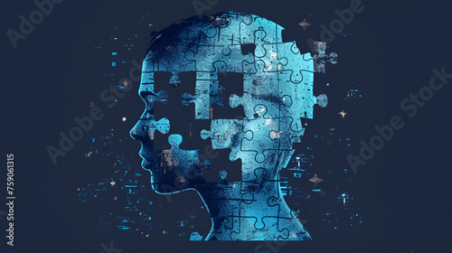 Human head profile and jigsaw puzzle, cognitive psychology or psychotherapy concept, mental health, brain problem, Puzzle concept with a person's head. Style of bright color blocks. Generative AI.