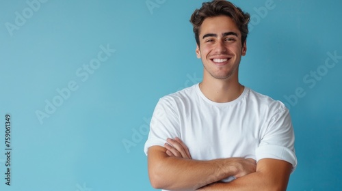 Confident Young Man with a White Shirt on a Solid Blue Background. Generative AI.
