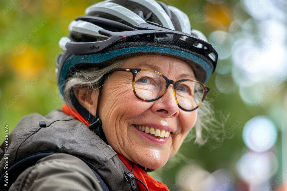 A woman wearing a helmet and glasses is smiling. She is wearing a jacket and a scarf. cheerful senior woman with a bicycle helmet, smiling brightly, likely enjoying an outdoor cycling activity A woman wearing a helmet and glasses is smiling. She is wearing a jacket and a scarf. cheerful senior woman with a bicycle helmet, smiling brightly, likely enjoying an outdoor cycling activity