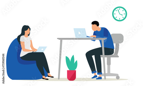 Man With Computer Working In Office Desk Digital Vector Illustrations