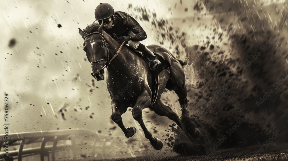 Intense depiction of a jockey riding a thoroughbred racehorse mid-race, capturing the sheer power and speed Intense depiction of a jockey riding a thoroughbred racehorse mid-race, capturing the sheer power and speed