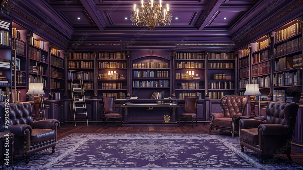 AI to create an immersive visual experience of a purple classic home library,