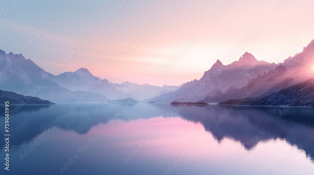 The image showcases a stunning mountain range mirroring in the tranquil waters of a lake at dawn, with pastel skies