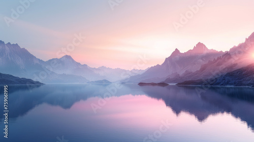 The image showcases a stunning mountain range mirroring in the tranquil waters of a lake at dawn  with pastel skies