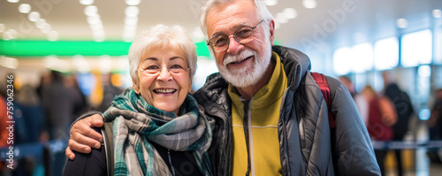 Happy senior couple waiting on the airport, traveling to their vacation. photo