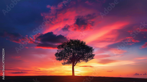 A lone tree stands against a backdrop of vibrant sunset skies with dramatic clouds