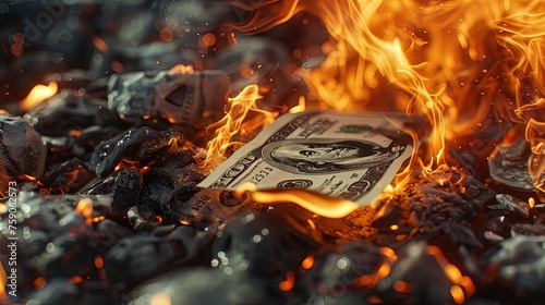 Burning dollar banknote. Abstract background. Close-up. Flames. Troubled times as currency burns.