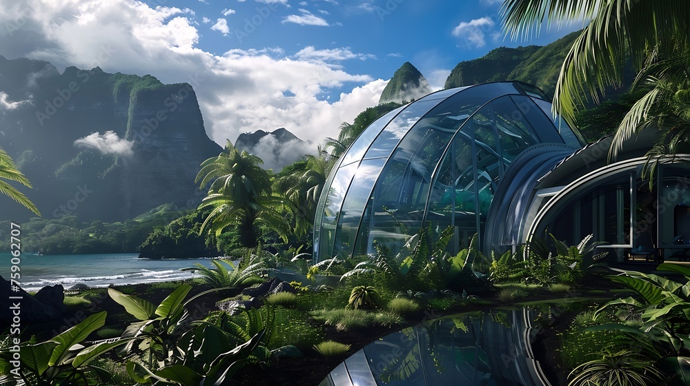 a visually striking image of a futuristic greenhouse surrounded by lush greens, an ocean, and mountains, with a dark reflection twist and enhanced by twilight photography , Attractive look
