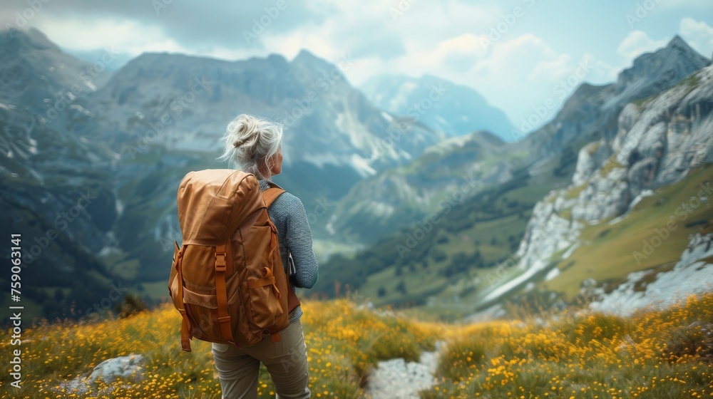 50 year old mordern woman with backpack hiking trekking on mountains.  Seniors active healthy lifestyle adventure journey vacations. Generative ai
