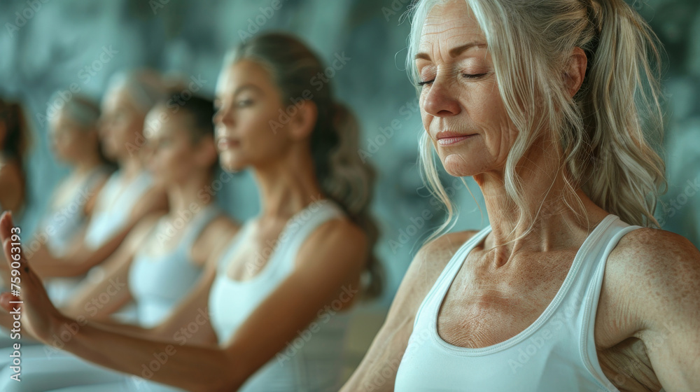 Seniors doing yoga pilates exercises outdoor, gym in background. Yoga class in the warrior pose. Students are women of mixed ages. Healthy lifestyle and joyful elderly concept. Generative ai Seniors doing yoga pilates exercises outdoor, gym in background. Yoga class in the warrior pose. Students are women of mixed ages. Healthy lifestyle and joyful elderly concept. Generative ai
