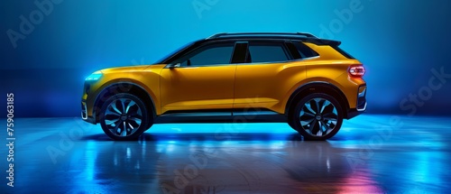 Side View of a modern yellow SUV car Isolated on black background. SUV automobile car concept in studio on orange background. Generative ai