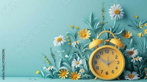 Art Paper cut card of Spring forward, Time Change, Daylight Saving Time Ends, Changing the time on the watch to spring time, Summer back, Savings Daylight concept. Generative ai