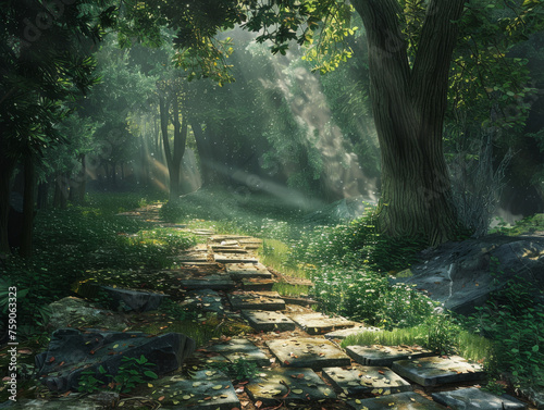 A magical morning in the forest, with sunlight piercing through the mist and trees, casting beams of light along a tranquil path