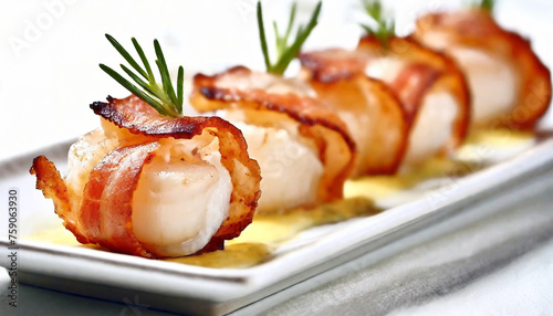 Bacon wrapped scallops with a butter sauce on a white plate. photo