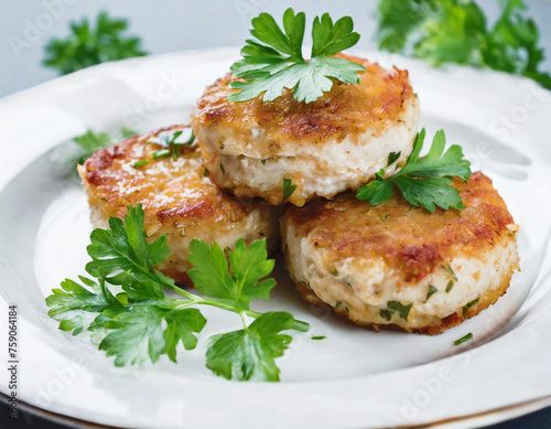 Crab cakes with parsley as an appetizer plate.