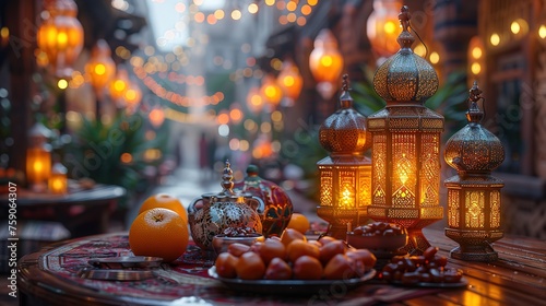 table with arabic lantern lamps  dates  oranges and delicious arabic food with bokeh and blurred sparkling lamp light background. Ramadan and Eid