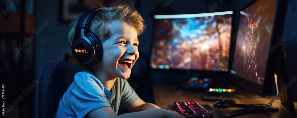 Fototapeta premium Happy boy is excited playing games on computer. Playing PC games concept