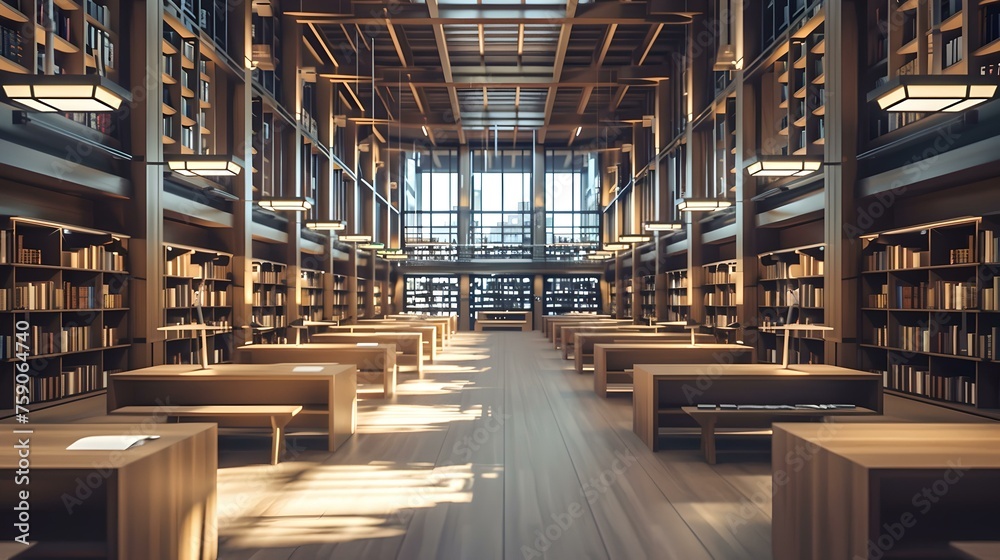 Sunlit modern library interior with rows of books, tranquil reading area, and contemporary design elegance. ideal for studying and intellectual growth. AI