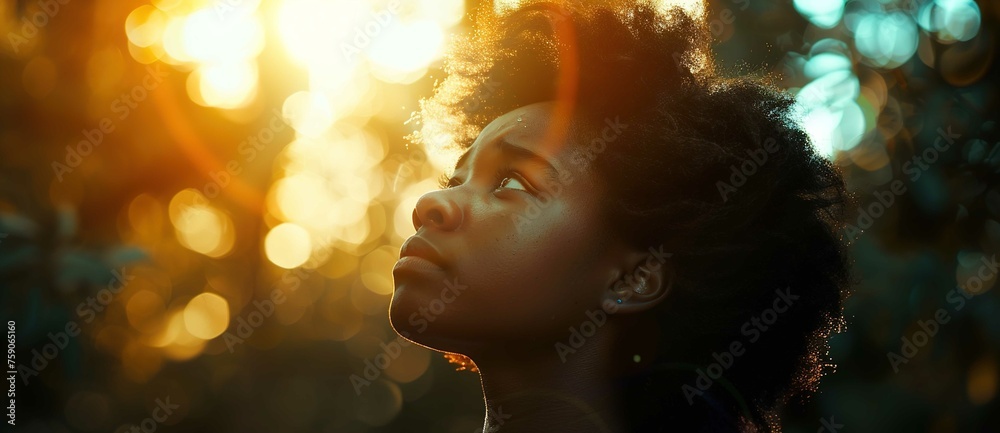 Touched by His Grace. Christian concept. Beautiful young black woman looking up with tears in her eyes. 