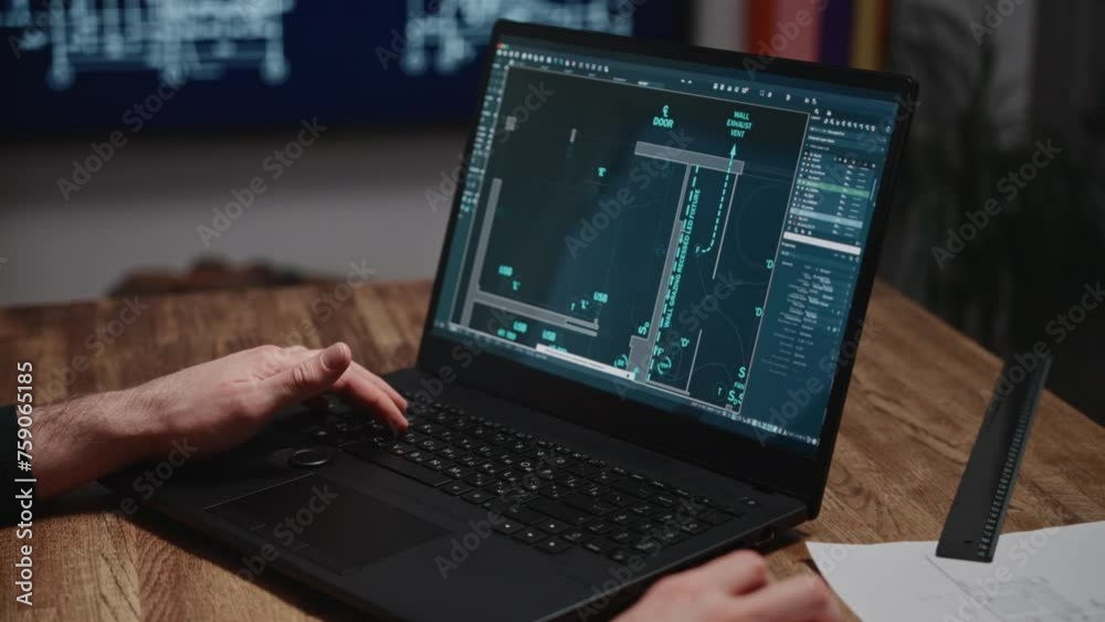 An architect is working on blueprints using a laptop. The shot shows male hands and a laptop with an engineering software program open. The project involves developing a construction plan An architect is working on blueprints using a laptop. The shot shows male hands and a laptop with an engineering software program open. The project involves developing a construction plan