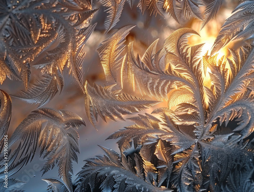 This image highlights the juxtaposition of gold-hued light warming feathery ice crystals on a cold window