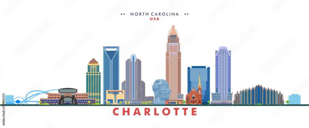 Charlotte city landmarks and monuments colorful vector illustration. US state of North Carolina.	