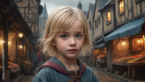 A cute little girl in the medieval street