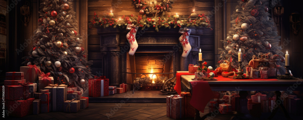 a Christmas tree in the living room, a bunch of Christmas presents, a fire in the fireplace a Christmas tree in the living room, a bunch of Christmas presents, a fire in the fireplace