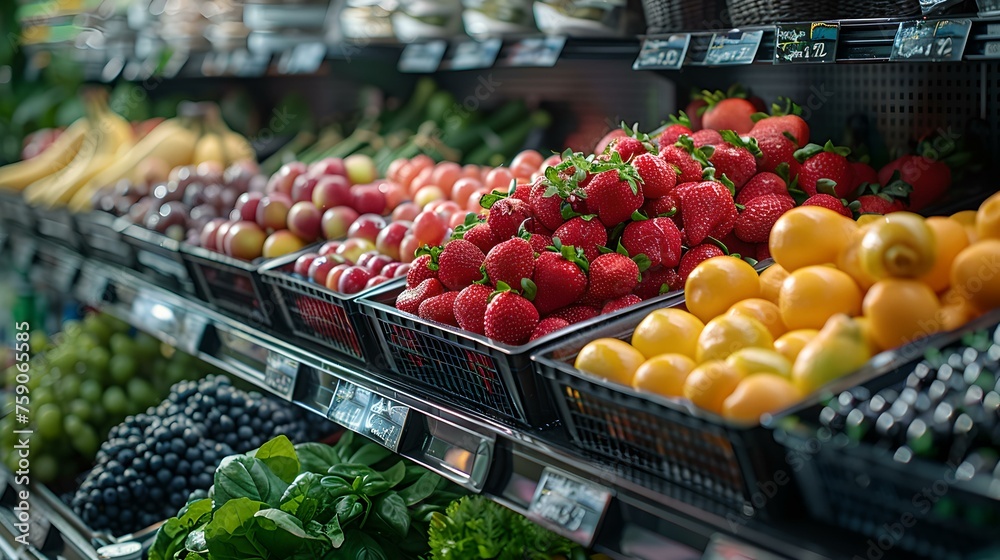Fresh produce on display at a local market. vibrant vegetables and fruits selling scene. healthy eating and food shopping conceptual image. AI