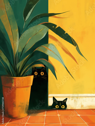 Black Cats Hiding Beside Houseplant Illustration