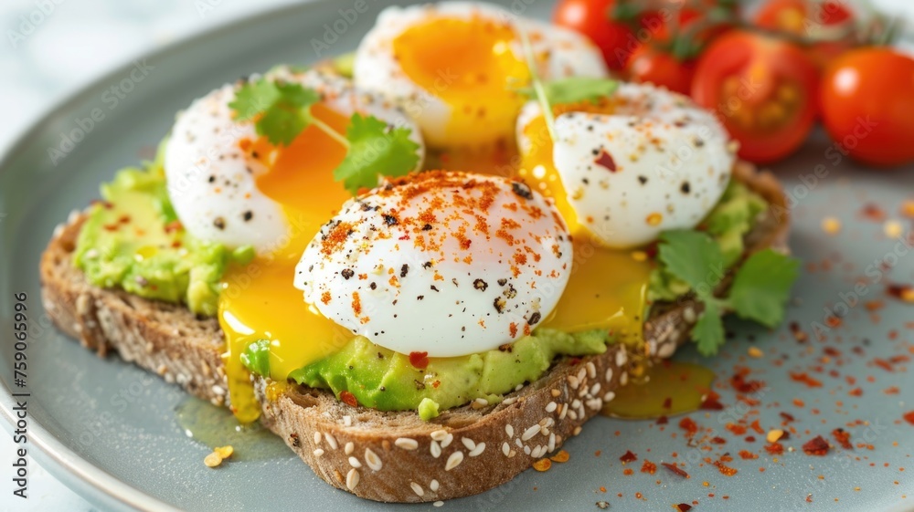 avocado toast on whole grain bread, topped with poached eggs, cherry tomatoes, and a sprinkle of red pepper flakes avocado toast on whole grain bread, topped with poached eggs, cherry tomatoes, and a sprinkle of red pepper flakes