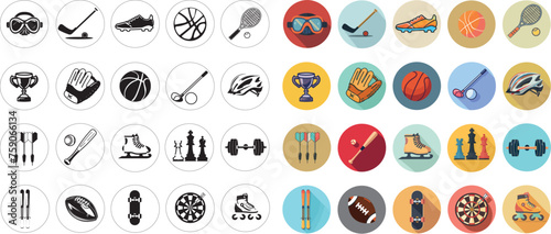 Set of color, black and white sports icons. Simple vector illustration