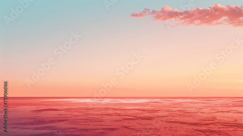 A serene and expansive salt flat bathed in soft pastel colors with a distant cloud formation