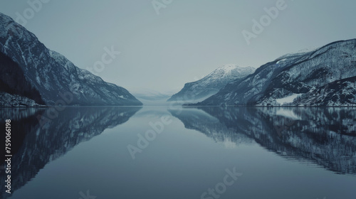 A serene winter landscape showcasing snow-capped mountains reflected in the still, icy waters of a calm lake