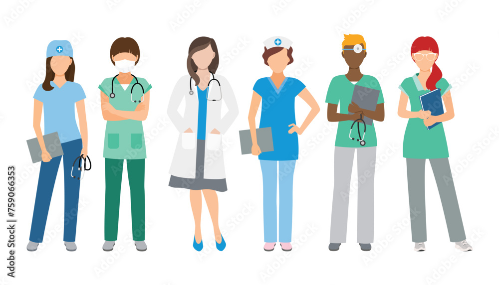 Vector illustration of a group of doctors and nurses. Flat style.