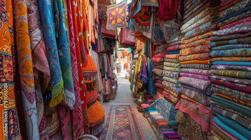 Vibrant textiles hang from wall to wall in a narrow alleyway of a bustling, exotic market, showcasing a variety of patterns and colors
