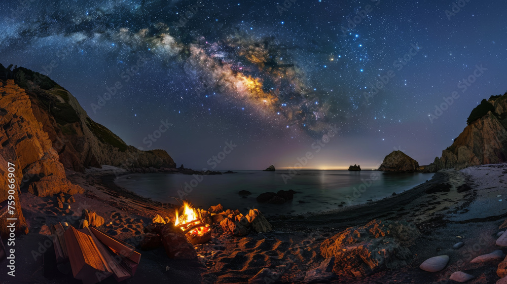 A breathtaking panorama of the Milky Way stretches above a cozy seaside campfire on a tranquil beach at night