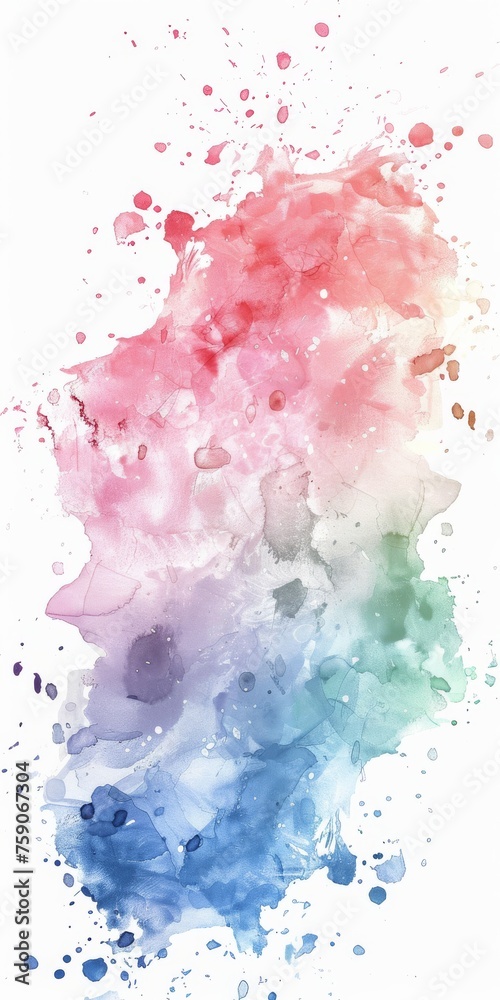 Delicate watercolor pastel rainbow splashes dance gracefully across pristine white, evoking a sense of tranquility and whimsy in art.