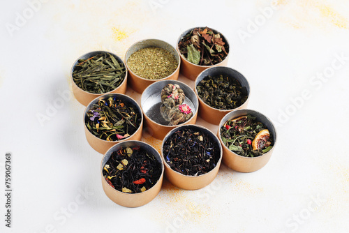 Different types of tea in a pepper boxes.